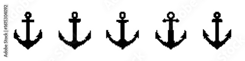 Anchors pixel icons set. Ship or boat anchor symbol collection. Pixel art.