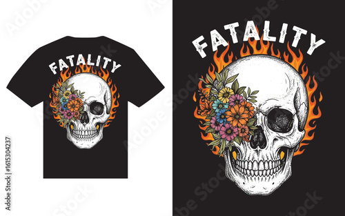 Skull with flowers and flames graphic design for t shirt