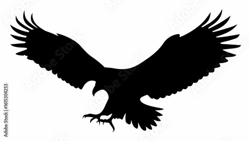 Silhouette of an eagle with its wings spread wide open in a downward position against white background