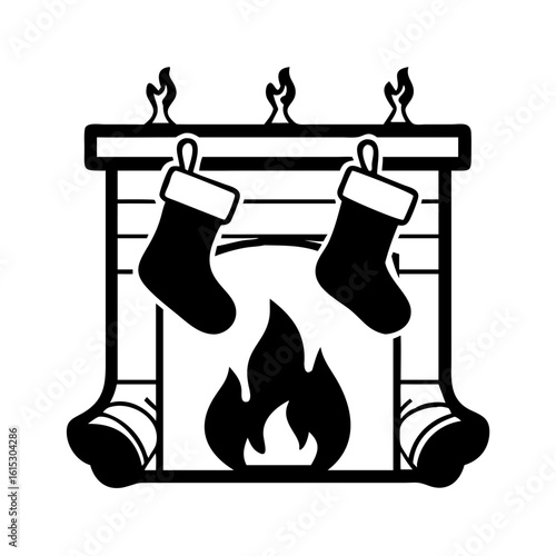 Christmas Fireplace Silhouette with Stockings and Flames-Black and white illustration of a cozy fireplace with burning fire, hanging Christmas stockings, and decorative details for holiday themes.