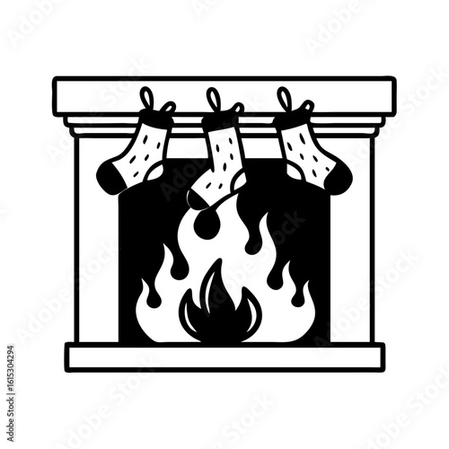 Christmas Fireplace with Hanging Stockings Icon-Black and white illustration of a festive fireplace with burning flames and three Christmas stockings hanging from the mantel.