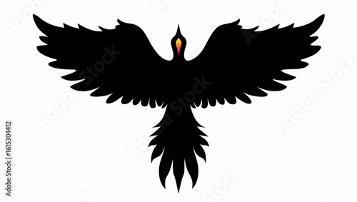 Silhouette of a phoenix with outstretched wings and a long tail, featuring a fiery head and neck design