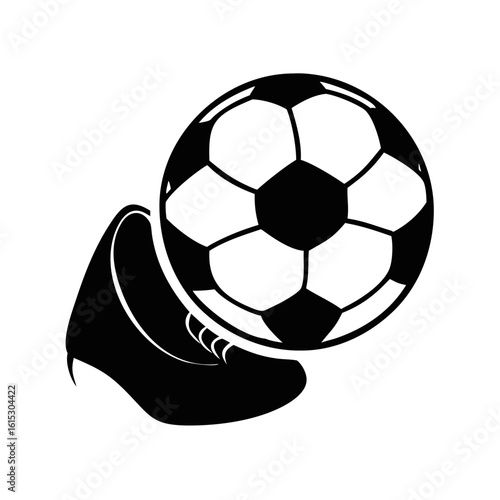 Soccer ball and shoe icon-Black and white icon showing a soccer ball next to a sports shoe, symbolizing football play and equipment.