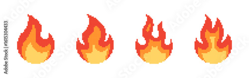 Fire pixel icons set. Flame, bonfire symbol collection. Pixel art.