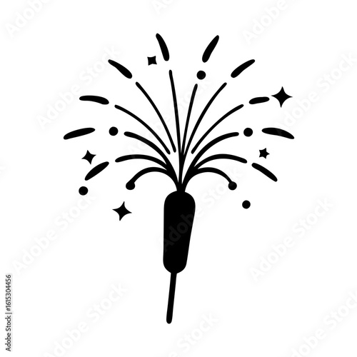 Handheld sparkler icon-Black silhouette icon of a handheld sparkler emitting bursts of light, sparks, and stars, symbolizing festive celebrations and parties.