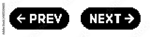 Previous and Next navigation pixel buttons. Prev, next icons set. Pixel art.