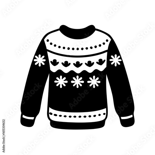 Winter sweater silhouette with decorative snowflakes-Black and white silhouette of a knitted winter sweater featuring snowflake and floral patterns, ideal for Christmas, festive, and seasonal designs