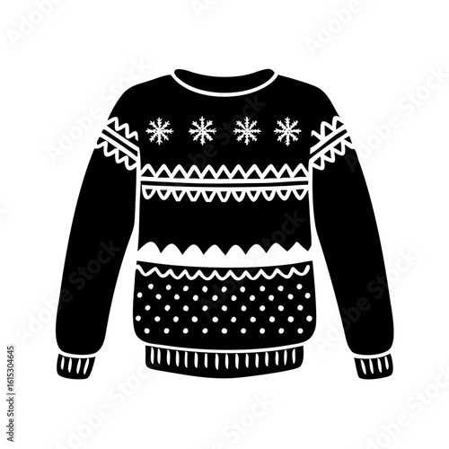 Knitted winter sweater silhouette with snowflakes-Black and white silhouette of a cozy knitted winter sweater decorated with snowflake and geometric patterns, perfect for holiday and seasonal themes.