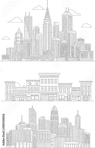 Three distinct hand drawn sketches of city skylines featuring tall buildings architectural details and urban landscapes