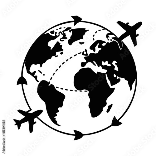 Airplanes flying around globe silhouette icon-Black and white vector illustration of Earth with multiple airplanes circling around it, connected by dashed flight paths, symbolizing global travel, tou