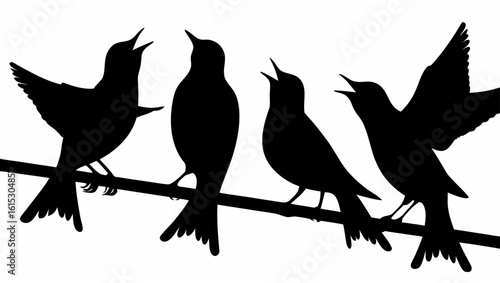 Silhouette of four birds perched on a branch with their beaks open as if they are singing together nicely