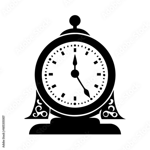Vintage mantel clock icon-Black silhouette of a decorative vintage mantel clock showing the time 12:25, featuring ornate side details and a classic round face.
