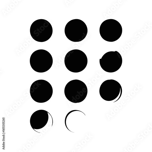 Complete Moon Phases Silhouette Set-Black and white minimalist set of moon phase silhouettes, showing the lunar cycle from new moon to crescent in twelve stages.