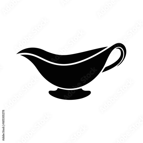 Gravy or Sauce Boat Silhouette Icon-Black and white silhouette of a gravy or sauce boat with a curved spout and handle, used for serving liquids at meals.