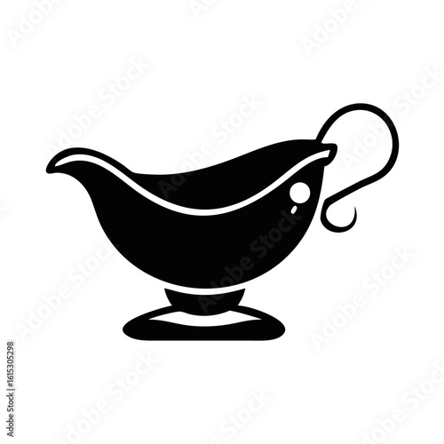 Sauce or Gravy Boat Silhouette Icon-Black and white silhouette of a gravy or sauce boat with a curved handle, used for serving dressings, sauces, or gravies.