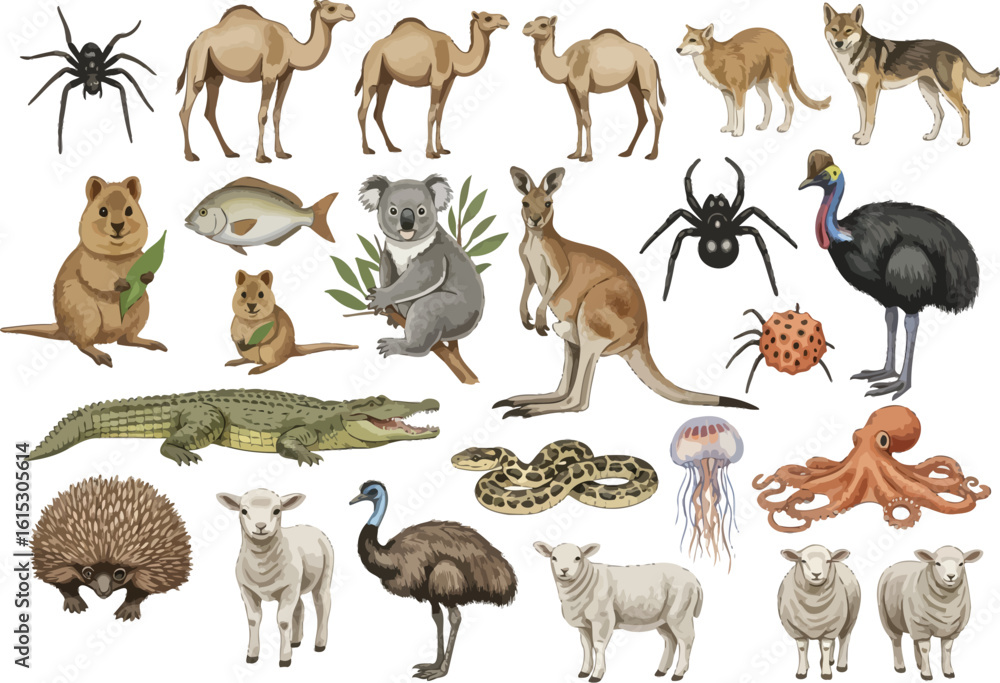 Fototapeta premium A diverse collection of australian animals and insects showcasing wildlife diversity and biodiversity