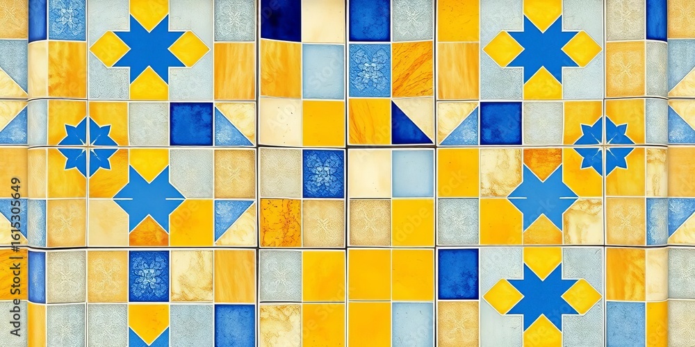 Abstract geometric mosaic tile pattern in blue and yellow, Mediterranean style, sun, background