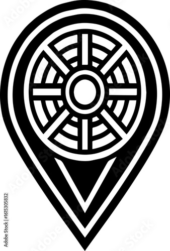 Black and white location pin with a dharma wheel inside indicating buddhist temple or spiritual place