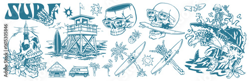 Surf culture with skulls and beach art