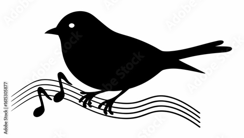 Silhouette of a bird perched on musical staff with music notes in black and white illustration style