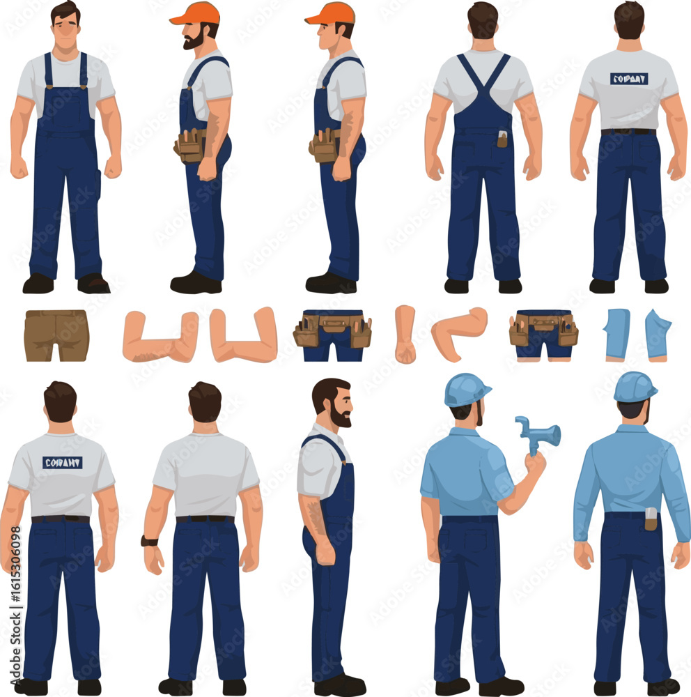 Obraz premium Isolated a hinds of deferent Handyman, repair worker, plumber in uniform. Character constructor for animation. Front, side and back view set. Body parts, postures, poses collection. vector art .