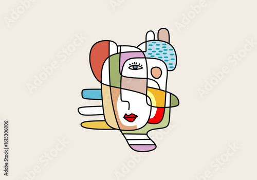 A modern cubist portrait with asymmetrical eyes, sharp lines, and vibrant color blocks. 