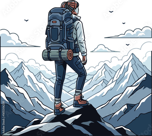 Isolated a kinds of deferent Adventure tourism and travel concept. Woman traveler with backpack wearing trekking gear standing on the top of hiking trail and looking at the mountains landscape. vector