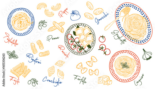 DOLCE VITA LIVING HAND DRAWN ILLUSTRATION COLLECTION. HAND DRAWN PASTA SET. VARIOUS MEDITERRANEAN PASTA. ITALIAN FOOD ILLUSTRATIONS FOR POSTCARDS, MENU, PRINT POSTERS, PACKAGINGS.