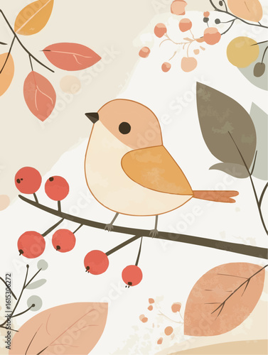 Soft and friendly bird on an autumn branch, suitable for seasonal classroom visuals, early learning materials or wall display