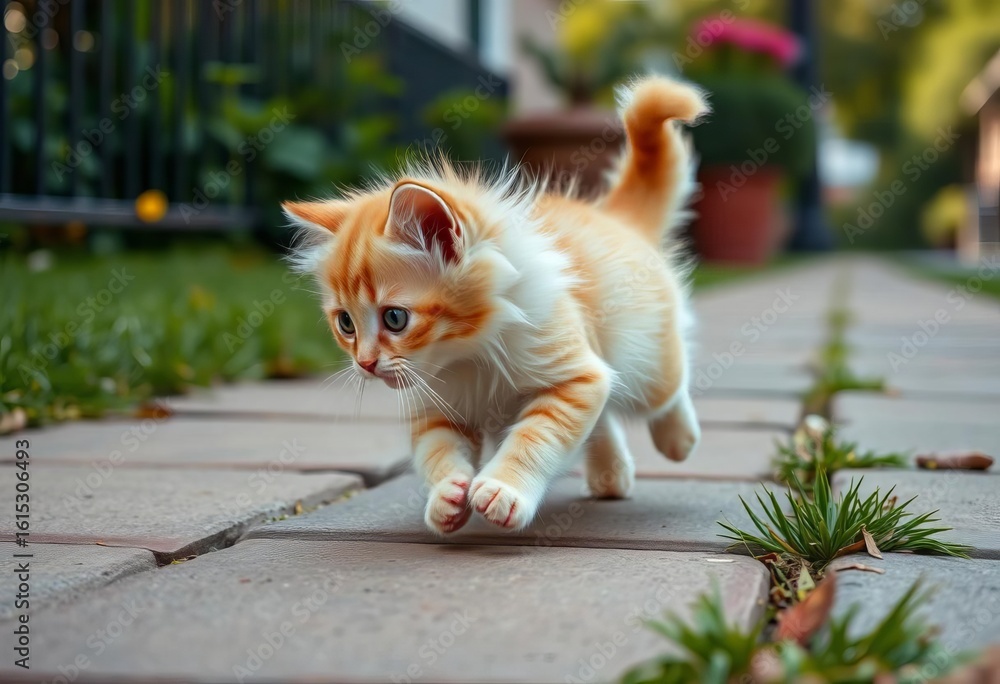 Obraz premium A fluffy kitten, tail chasing, bounds playfully down a sidewalk, adorable, outdoors