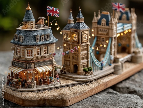 miniature monuments and landmarks decorated with festive flags and symbols