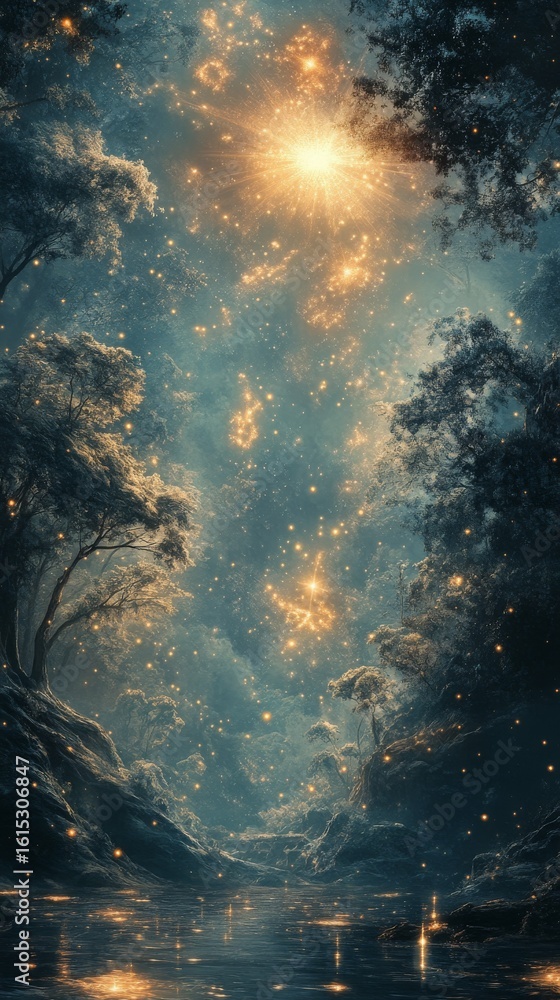 Fototapeta premium Starry Night Sky Reflecting on River with Trees Silhouette