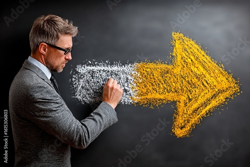 Changing business management concept. Businessman erasing white arrow and drawing yellow arrow on chalkboard. High quality