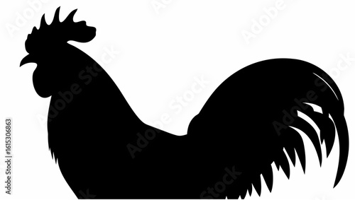 Silhouette of a rooster with detailed comb and tail feathers standing against a white background view