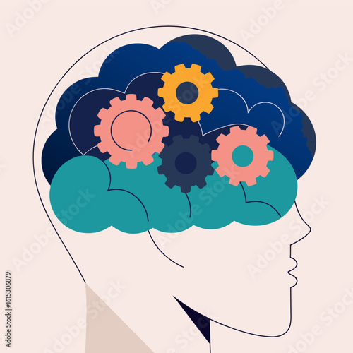Sylwetka ludzkiej głowy z mechanizmem kół zębatych w mózgu. Koncepcja myślenia, strategii i psychologii.