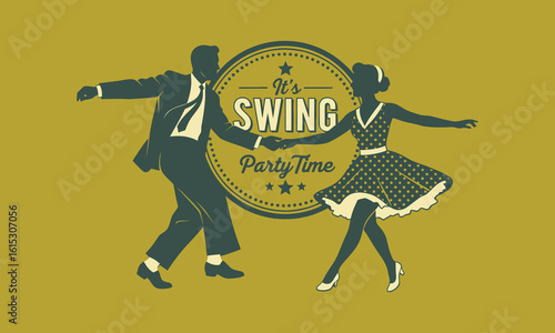 Energetic Couple Dancing Swing in Celebration of Party Time, Vintage Style Illustration for Events and Entertainment on white background