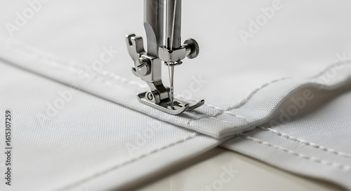 Close-up of a sewing machine stitching a white fabric with precision and detail