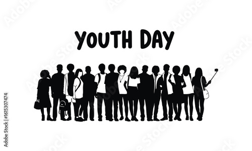 Dynamic Silhouette of Diverse Youth Celebrating Youth Day with Unity and Taking Selfies, Promoting Global Connection and Togetherness on white background