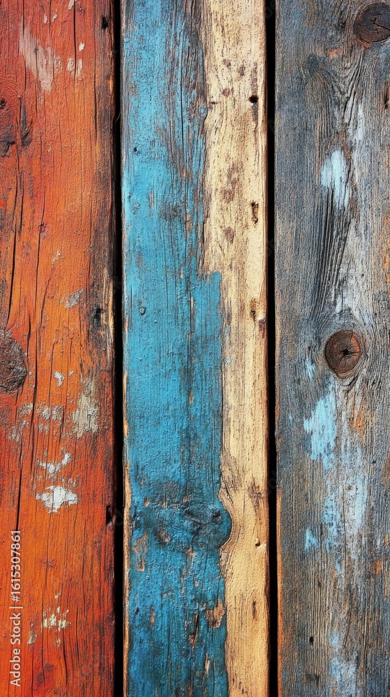 Naklejka premium Rustic Painted Wood Planks with Distressed Texture and Colorful Patina