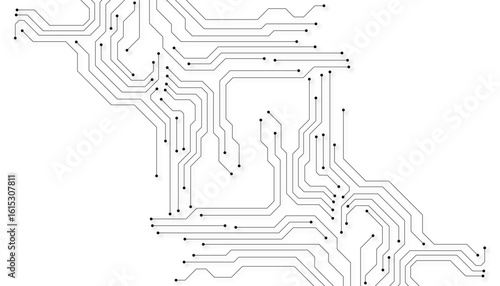 Circuit Board Technology Electronic Scheme Pattern Abstract Background. PCB Trace Black And White Engineering Data Communication Concept Vector.