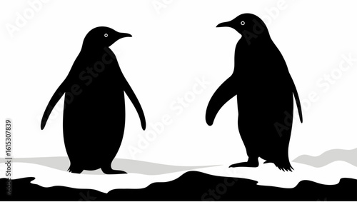 Two penguins standing on ice in silhouette against a white background in a simple graphic design
