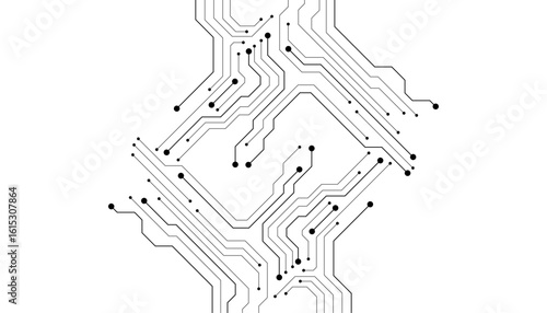 Circuit Board Technology Electronic Scheme Pattern Abstract Background. PCB Trace Black And White Engineering Data Communication Concept Vector.