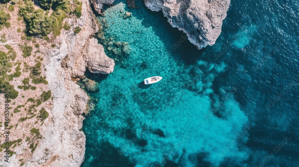 Fototapeta premium Aerial view of yacht floating in the sea, forested coastline and mountains in Mallorca – perfect for eco tourism promotion, summer beach vacation, perfect for travel ad and family trip, honeymoon trip
