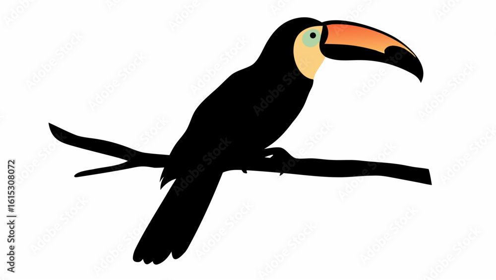 Naklejka premium Illustration of a toucan perched on a branch with a large colorful beak and black feathers in detail silhouette