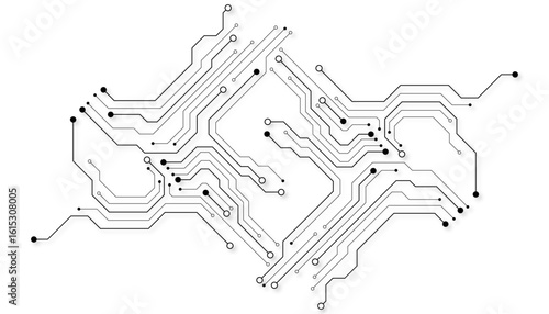 Circuit Board Technology Electronic Scheme Pattern Abstract Background. PCB Trace Black And White Engineering Data Communication Concept Vector.