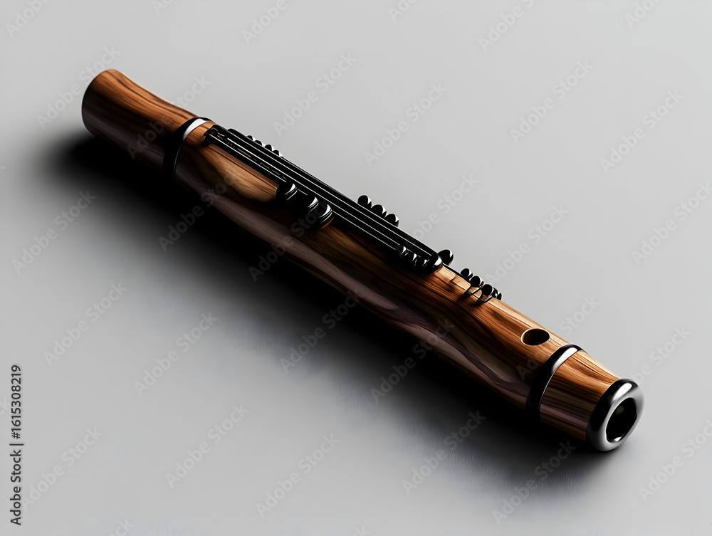 Naklejka premium Wooden flute with metallic accents. Detailed, carved wooden body, dark metallic trim, and inlaid fret design