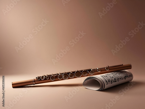 A copper-colored flute rests beside sheet music on a muted peach background