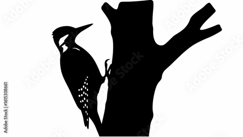 Silhouette of a woodpecker clinging to a tree trunk with a branch extending to the right side view