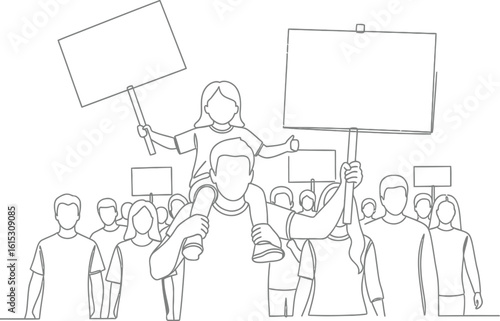 Continuous line drawing of crowd protesting with signs demonstration strike march