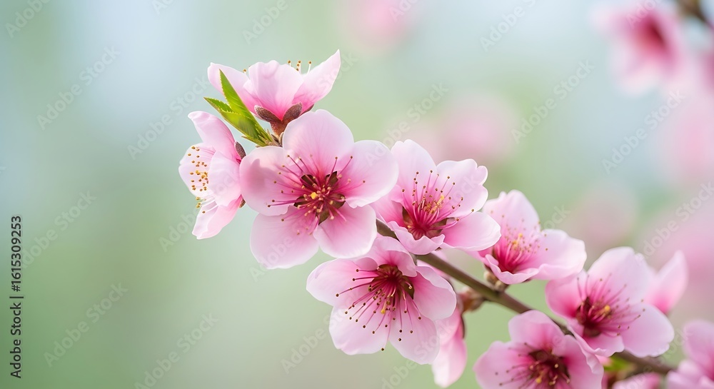 Obraz premium Delicate pink peach blossoms in full bloom against a soft, dreamy background with nature